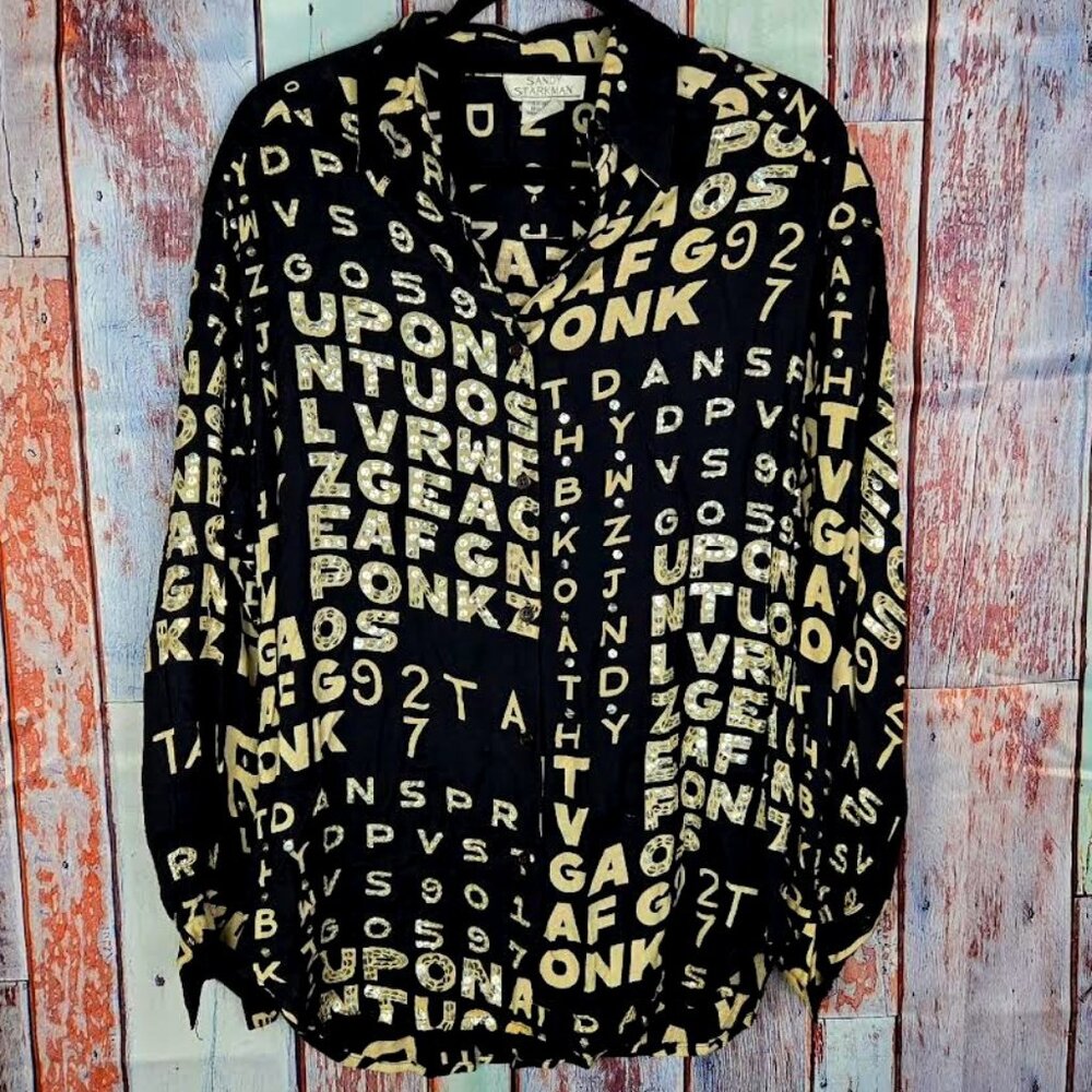 Vintage Sandy Starkman‎ Black White Sequins Embellished Word Number Print Blouse